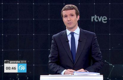 El candidato del PP a la Presidencia del Gobierno, Pablo Casado, durante el debate a cuatro entre los principales líderes políticos de RTVE.