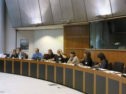 Representantes de colectivos ciudadanos de siete países de la Unión Europea, durante la reunión que han mantenido hoy en Bruselas, para sentar las bases de una futura iniciativa popular que ayude a modificar los parámetros europeos en materia de radiación electromagnética.