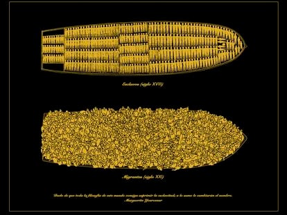 Composición que compara los barcos que transportaban personas esclavizadas y las pateras que usan las personas migrantes, de la exposición 'El Gran Experimento'.