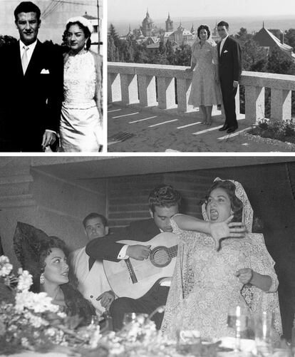 Arriba a la izquierda, con el futbolista del Atlético de Madrid Gerardo Coque y dos momentos de su boda en El Escorial con Antonio González.