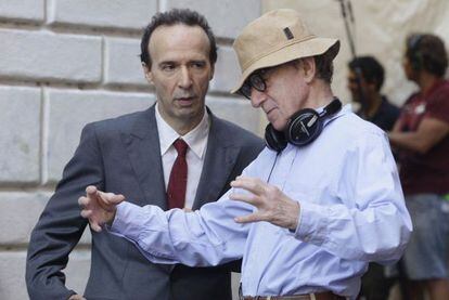 Woody Allen y el actor italiano Roberto Benigni durante el rodaje de &#039;To Rome with love&#039;.