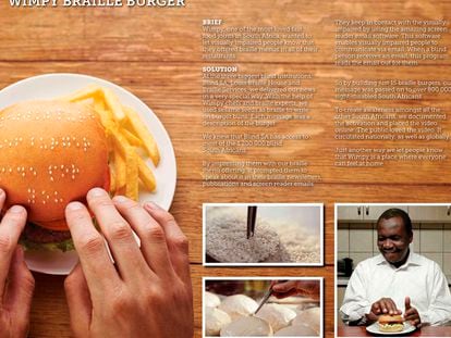 Imagen del anuncio ideado para dar a conocer que la cadena de hamburgueserías Wimpy ofrece en sus establecimientos menús escritos en braille.