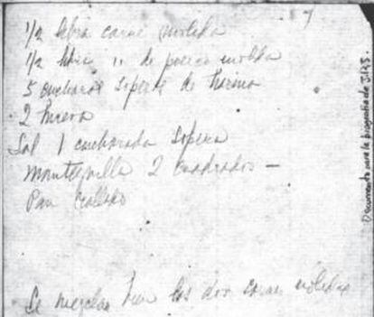 Receta de albóndigas manuscrita por Zenobia.