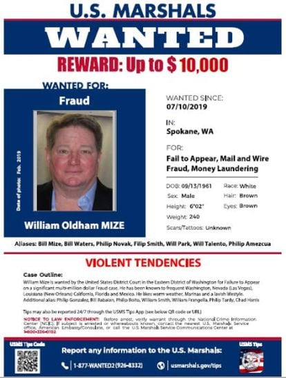 The search file for William Mize IV, who is still on the run from justice.