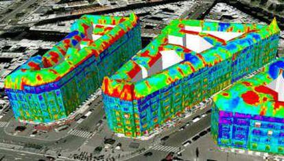 Una termografía de Amberes en la que aparecen señaladas con colores desde las zonas de mayor pérdida de calor (rojo) hasta las mejor aisladas (azul).