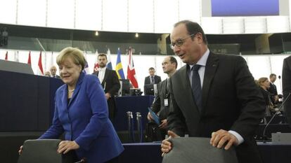 Angela Merkel i François Hollande, ahir al Parlament Europeu.