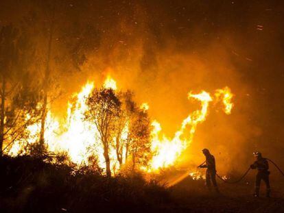 Dos bomberos trabajan en la extinción del incendio que se declaró en Ribeira en 2013.