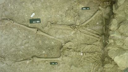 Dos de los cuerpos hallados en el yacimiento de Almedinilla (Córdoba), aplastados por el derrumbe de un muro.