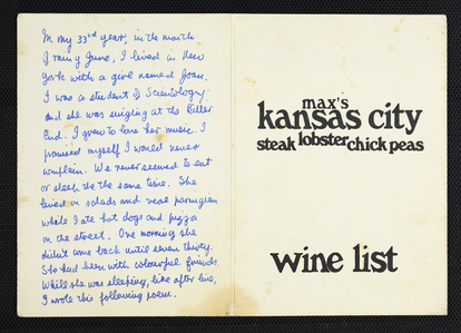 Una anotación de Leonard Cohen en el menú del Max's Kansas City, 1967. Cortesía © Leonard Cohen Family Trust