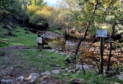 Dos niños, en la ribera del río Jarama, en un momento de la ruta de 'Molino a Molino' de La Higuera.