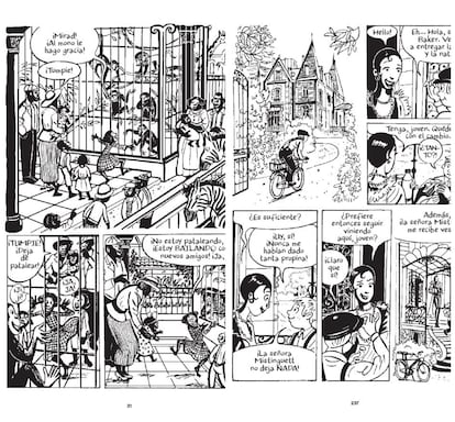 Dos páginas del cómic 'Joséphine Baker'. En la de la izquierda, una Joséphine de siete años visita el zoo con su familia. En la otra recibe al repartidor en su mansión de le Beau Chêne, en la región de París.