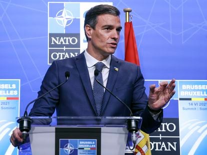 El presidente del Gobierno, Pedro Sánchez, durante la cumbre de la OTAN en Bruselas, este lunes.