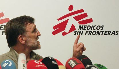 El presidente de M&eacute;dicos Sin Fronteras (MSF) en Espa&ntilde;a, Jos&eacute; Antonio Bastos, durante la conferencia de prensa que ha ofrecido hoy en Madrid.