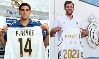 A la izquierda, Felipe Reyes, en 2004, en su presentación con el Real Madrid. A la derecha, el viernes, tras su renovar hasta 2021. EFE / REALMADRID