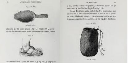 Esta página de la obra 'Antigüedades prehistóricas de Andalucia' de Manuel Góngora y Martínez muestra, abajo a la izquierda, como eran las esparteñas que encontraron en la cueva.