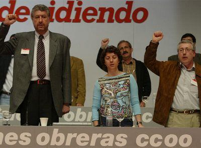 La cúpula de CC OO con su secretario general, José María Fidalgo, a la izquierda, e Ignacio Fernández Toxo, a la derecha.