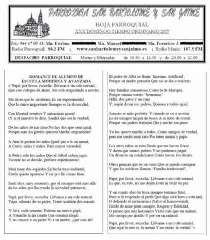 El texto de la hoja parroquial retirada.