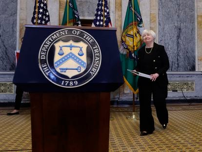 La secretaria del Tesoro de los Estados Unidos, Janet Yellen, durante una conferencia de prensa en Washington DC.