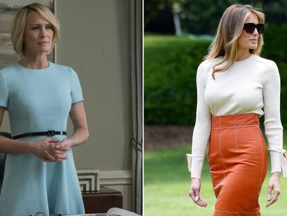 Robin Wright, como Claire Underwood en una escena de la serie &#039;House of Cards&#039; y, a la derecha, la primera dama Melania Trump el pasado mayo.