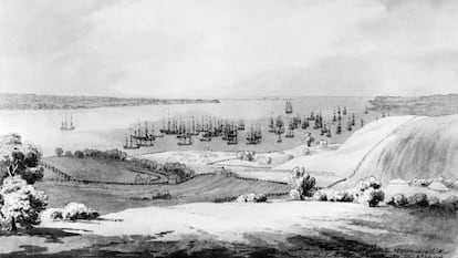 Dibujo a tinta titulado 'Vista del estrecho entre Long Island y Staten Island con la flota anclada de lord Howe', en julio de 1776.