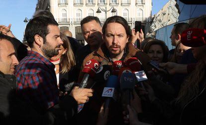 El líder de Podemos, Pablo Iglesias, este miércoles en la Puerta del Sol de Madrid. 