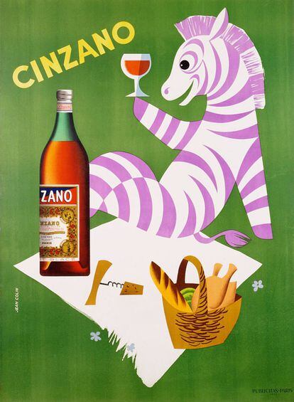 Para ilustrar este artículo como se merece hemos elegido antiguas imágenes publicitarias de bebidas espirituosas. Aquí, una cebra morada disfruta de un Cinzano.