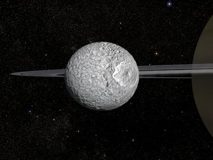 Recreación de la luna de Saturno Mimas, con su cráter gigantesco, que la asemeja a la Estrella de la Muerte, de la saga cinematográfica de 'Star Wars'.