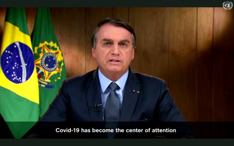 El presidente brasileño, Jair Bolsonaro, habla desde la distancia ante la Asamblea General de la ONU el 22 de septiembre de 2020.