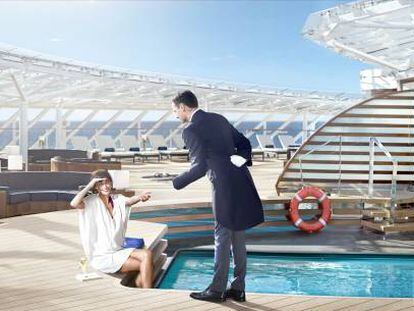 Zona One Pool Deck del MSC Meraviglia, con solárium, piscina, baño de hidromasaje y bar privados.