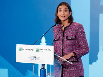 La ministra de Industria, Comercio y Turismo, Reyes Maroto, durante la jornada inaugural de la 13 edición del Spain Investors Day. 