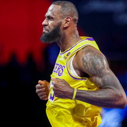 Los Angeles Lakers forward LeBron James (23) reacts after making a basket against the Indiana Pacers during the first half of the championship game in the NBA basketball In-Season Tournament on Saturday, Dec. 9, 2023, in Las Vegas. (AP Photo/Ian Maule)
