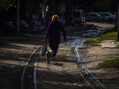Una mujer camina por unas vías abandonadas junto a su perro en un suburbio de Buenos Aires.