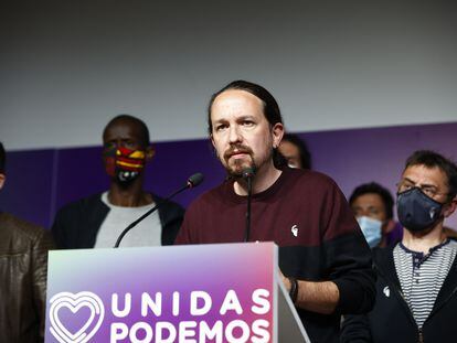 El exvicepresidente segundo, Pablo Iglesias, durante la noche electoral tras las elecciones madrileñas, el pasado 4 de mayo.