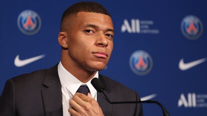 Kylian Mbappé, el pasado 23 de mayo durante la rueda de prensa en la que explicó sus motivos para renovar por el PSG.