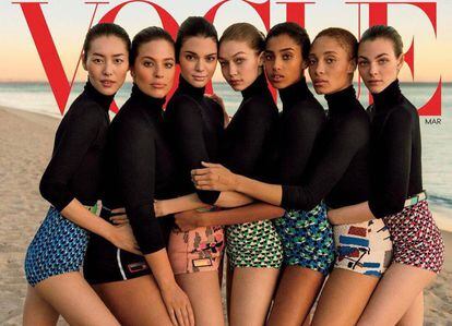De izquierda a derecha: las modelos Liu Wen, Ashley Graham, Kendall Jenner, Gigi Hadid, Imaan Hammam, Adwoa Aboah, y Vittoria Ceretti.