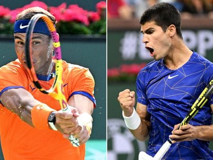 Rafa Nadal y Carlos Alcaraz, durante sus respectivos partidos de cuartos de final.