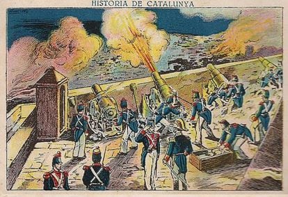 Cromos de Xocolata Juncosa, amb les bateries de Montjuïc bombardejant Barcelona i l’assalt a la Ciutadella per part de la Jamància el 1843.
