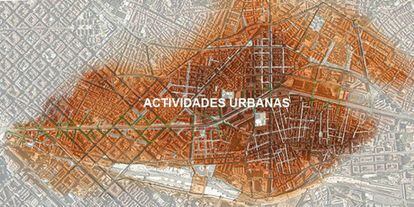 Mapping urbano. Atlas temático y por colectivos sociales. Fuente: Procés de reflexió participada sobre els eixos transversals a la Meridiana (M. Mayorga, X. Abadía, M. Ramos, T. López, M. P. Fontana y G. Clavera).