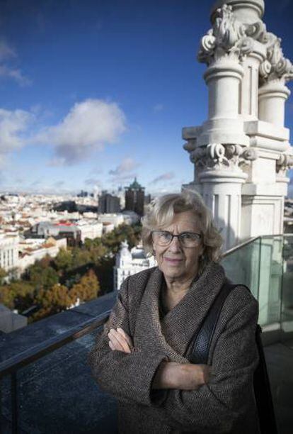 Carmena en la torre del reloj del palacio de Cibeles.