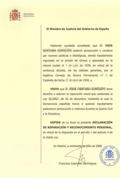 Modelo de la declaración de reparación y reconocimiento personal que concede el Ministerio de Justicia a los represaliados del franquismo