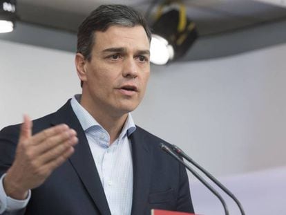 Pedro Sánchez, en roda de premsa a Ferraz.