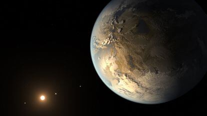 Representación del planeta  Kepler-186f, uno de los más similares a la Tierra hallados hasta la fecha, que orbita una estrella enana menor que el Sol.