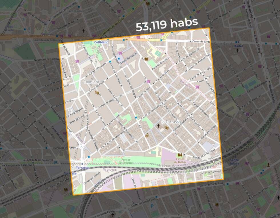 Zona de un kilómetro cuadrado de superficie en L'Hospitalet (Barcelona), la más densamente poblada de Europa según el análisis del profesor Alistair Rae.