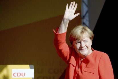 La canciller alemana, Angela Merkel, en un acto de campa&ntilde;a en  Berl&iacute;n.