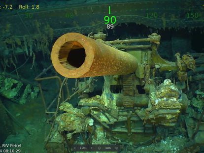 Uno de los cañones del 'USS Lexington' encontrados. En vídeo, hallazgo en el mar del Coral.