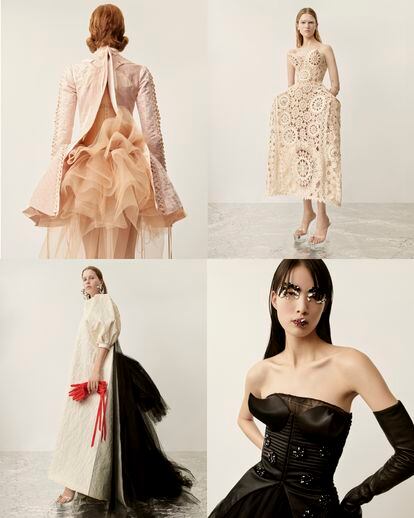 In her first foray into haute couture, where the unique pieces are not designed to be worn every day, she has mixed the universe of corsetry with bustles and Victorian crinolines from the 19th century.