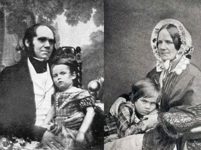Montaje de una imagen de Charles Darwin y su primog&eacute;nito William con otra de su mujer Emma abrazando a Leonard.
