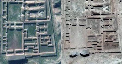 La ciudadela de Nimrud (Irak). En la izquierda, la imagen de satélite tomada el 12 de febrero de 2016. En la derecha, la misma imagen tomada el 3 de junio de 2016.