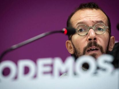 El secretario de Organización de Podemos Pablo Echenique, durante la rueda de prensa tras el Consejo de Podemos esta mañana en Madrid. 