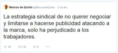 Uno de los mensajes de Marcos de Quinto en Twitter